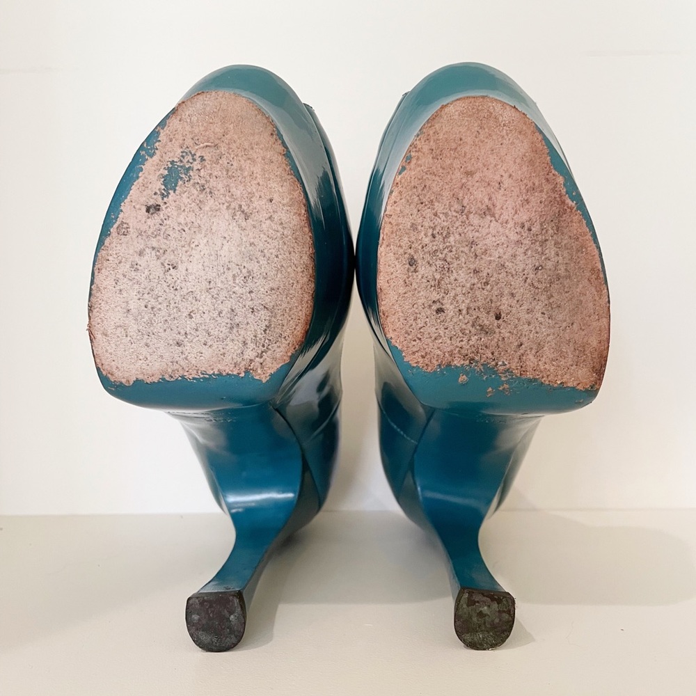 Yves Saint Laurent Palais Patent Leather Peep Toe Heels Teal Blue Size 36.5 - Picture 13 of 15